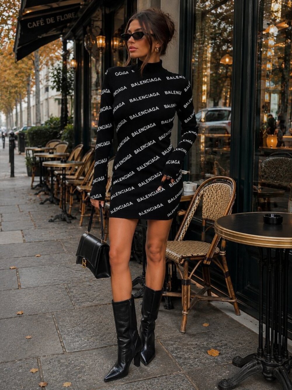 Balenciaga All Over Logo Ribbed Knit Sweater Dress Black White Size S NWT
